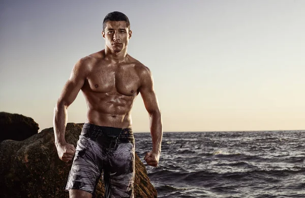 Spor yaptıktan sonra plaj geçmişinde yakışıklı, kaslı, güçlü bir sporcu. MMA, boks dövüşçüsü, güreşçi. Açık hava fitness eğitimi