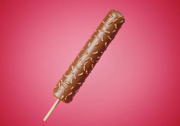 カラフルなピンクの背景にナッツで覆われたブラウンチョコレートアイス さわやかな夏の甘い 現実的な3Dイラスト — ストック写真