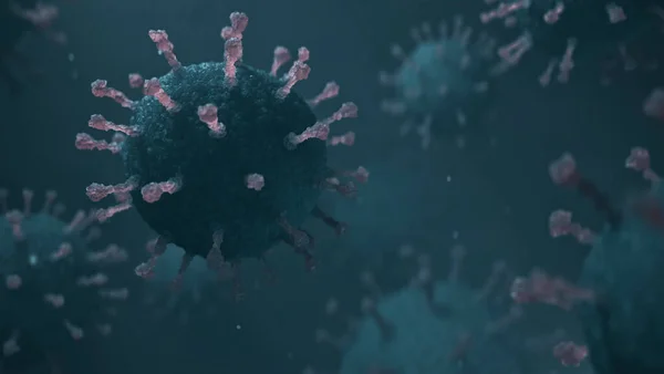 Coronavirus COVID-19 bakterisi. Dosyalanmış mikroskobik yakın çekim görüntüsü. Zatürree, grip, hastalık, enfeksiyon. Gerçekçi 3B canlandırma çizimi.