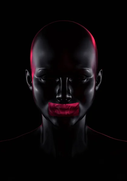 Black female face portrait with tape on the mouth. Censor, human rights, freedom of speech, diversity. Red lips and edge lighting. 3d illustration