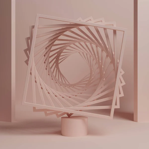 Bir podyumda soyut geometrik sonsuzluk tüneli. Modern geometri mimarisi. Kurulum, sergi platformu