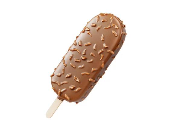 棕色巧克力冰棒冰淇淋 白色背景上覆盖坚果 孤立无援让夏天更加美好甜蜜 现实的3D说明 — 图库照片