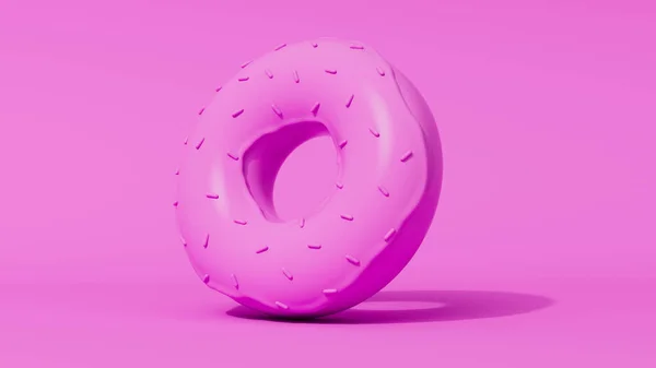 Stüdyonun arka planına serpiştirilmiş buzlu donut. Stilize pembe model. 3 Boyutlu resimleme