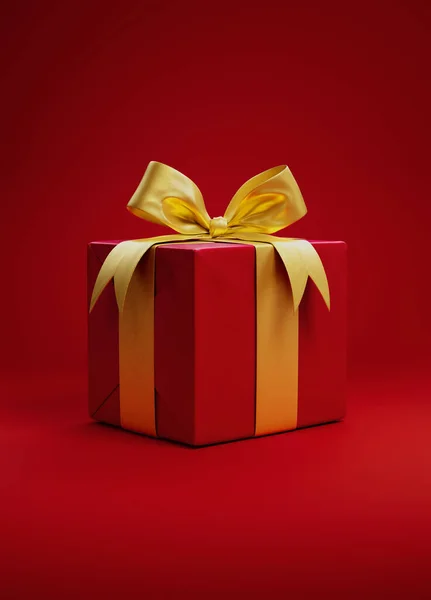 Kırmızı arka planda kurdeleli ve fiyonklu kırmızı hediye. Yüksek kaliteli pahalı bir hediye. Doğum günü, Noel, Sevgililer Günü. Lüks.