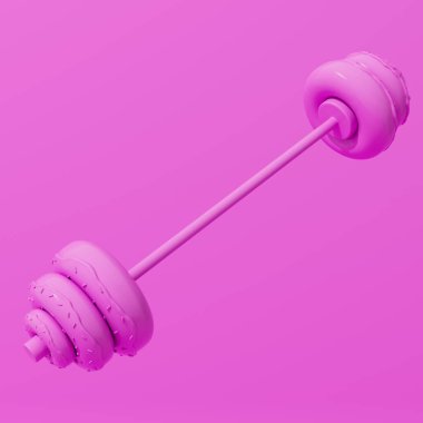 Pembe arka planda donuttan yapılmış stilize halterler. Kilo ve yağ kaybı. Diyet, şeker özlemi, bağımlılık