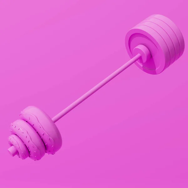 Yarım donut ve yarım kilo plakadan yapılmış pembe arka planda stilize edilmiş spor salonu halteri. Kilo ve yağ kaybı. Diyet, şeker özlemi, bağımlılık