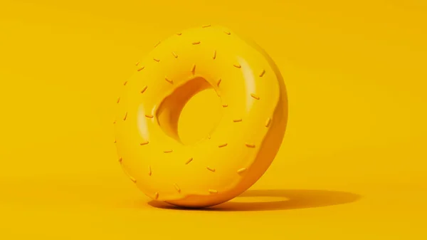 Stüdyonun arka planına serpiştirilmiş buzlu donut. Stilize edilmiş sarı maket. 3 Boyutlu resimleme