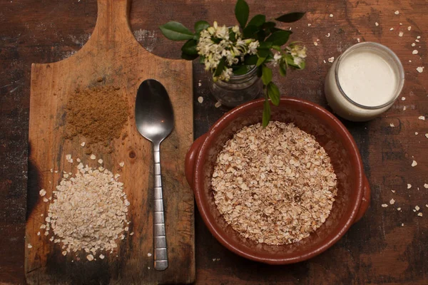 Plano Cenital Plato Con Avena Yogurt —  Fotos de Stock