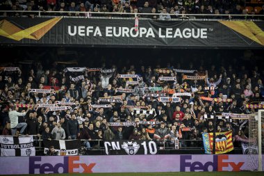 Valencia, İspanya - 21 Şubat: Uefa Avrupa Ligi sırasında Valencia destekçileri arasında Valencia Cf ve Celtic Fc Mestalla Stadı nda 21 Şubat 2019 Valencia, İspanya eşleme