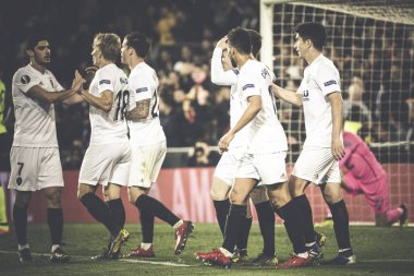 Valencia, İspanya - 21 Şubat: gol Uefa Avrupa Ligi sırasında kutluyor Valencia oyuncular arasında Valencia Cf ve Celtic Fc Mestalla Stadı nda 21 Şubat 2019 Valencia, İspanya eşleme