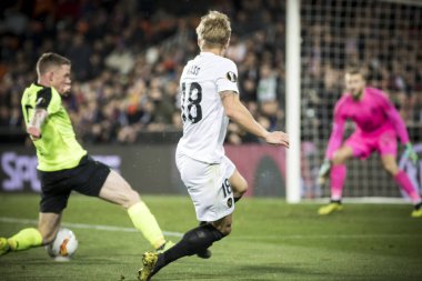 Valencia, İspanya - 21 Şubat: Uefa Avrupa Ligi sırasında (18) Wass arasında Valencia Cf ve Celtic Fc Mestalla Stadı nda 21 Şubat 2019 Valencia, İspanya eşleme