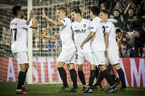 Valencia Espanha Fevereiro Jogadores Valência Comemoram Gol Durante Jogo Liga — Fotografia de Stock