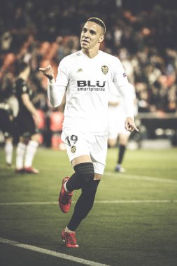 Valencia, İspanya - 7 Mart: Rodrigo bir gol Fc Krasnodar Mestalla Stadı nda Valencia Cf Uefa Avrupa Ligi maçı sırasında 7 Mart 2019 Valencia, İspanya kutluyor