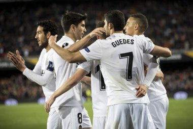 Valencia, İspanya - 7 Mart: Valencia bir gol Fc Krasnodar Mestalla Stadı nda Valencia Cf Uefa Avrupa Ligi maçı sırasında 7 Mart 2019 Valencia, İspanya Madridli oyuncuların