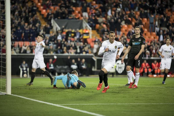 Valencia Spanyolország Március Rodrigo Gólt Szerez Uefa Europa Liga Mérkőzés — Stock Fotó