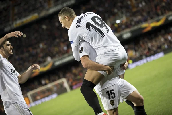 Valencia Spagna Marzo Giocatori Valencia Festeggiano Gol Durante Partita Uefa — Foto Stock