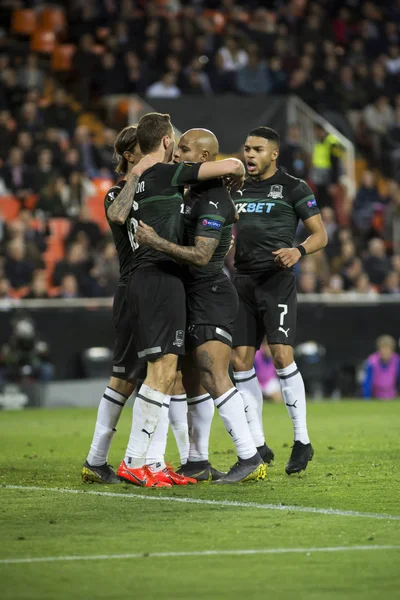 Valencia Spanien Mars Krasnodar Spelare Firar Ett Mål Uefa Europa — Stockfoto