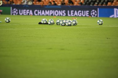 Valencia, İspanya - 02 Ekim 2019: Uefa Şampiyonlar Ligi maçında Valencia Cf ve Afc Ajax arasında Mestalla Stadyumu 'nda oynanan resmi top 
