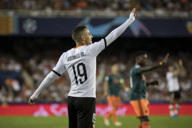 Valencia, İspanya - 02 Ekim 2019: Rodrigo Moreno Uefa Şampiyonlar Ligi maçında Valencia Cf ve Afc Ajax arasında Mestalla Stadyumu 'nda oynandı. 