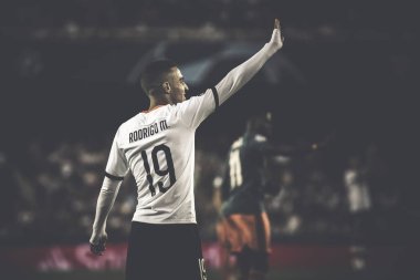 Valencia, İspanya - 02 Ekim 2019: Rodrigo Moreno Uefa Şampiyonlar Ligi maçında Valencia Cf ve Afc Ajax arasında Mestalla Stadyumu 'nda oynandı. 