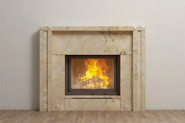 Chimenea de piedra con fuego en el interior del hogar — Foto de Stock