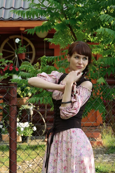 Pretty Girl Long Dress Countryside — Stock Photo, Image