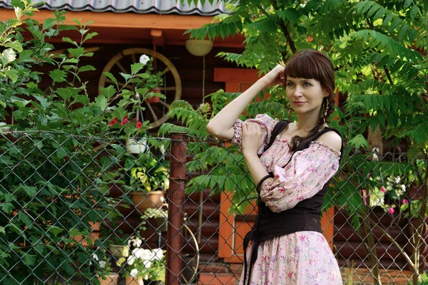 Pretty Girl Long Dress Countryside — Stock Photo, Image