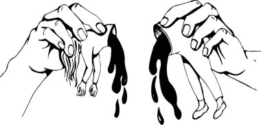 Kırık kadın bebeğini elinde tutan, beyaza kan döken bir kadın görüntüsü.