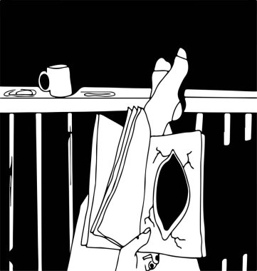 Kırpılmış kadın manzarası. Tırabzanda kitap tutan kadın. Deliği beyaza ayrılmış.