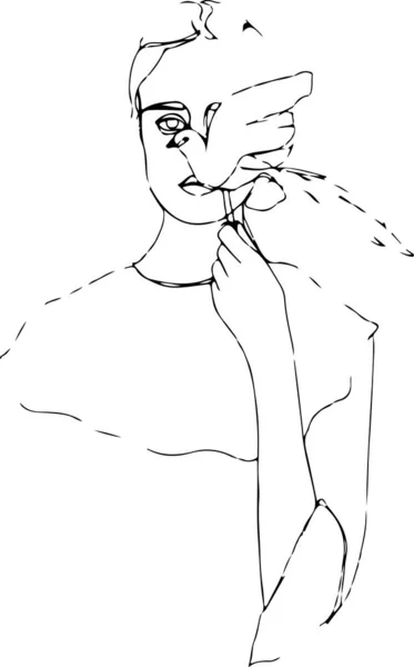 Femme Couvrant Visage Avec Oiseau Regardant Caméra Isolée Sur Blanc — Image vectorielle