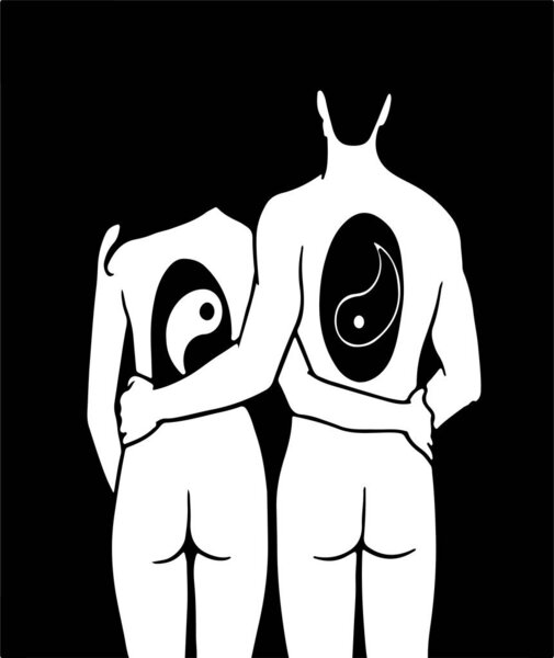 back view of naked couple hugging with Yin Yang signs on backs