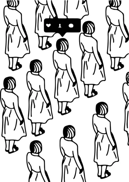 Nad Głową Widok Tyłu Podobne Kobiety Stojące Kolejce Podobnym Znakiem — Wektor stockowy