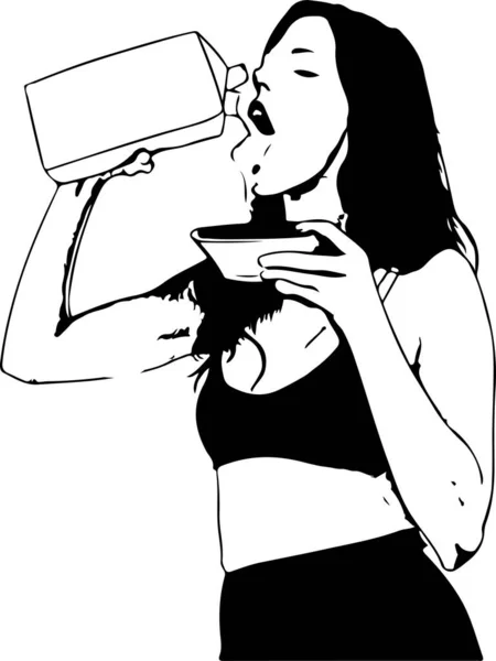 Mulher Bebendo Leite Segurando Tigela Isolada Branco — Vetor de Stock