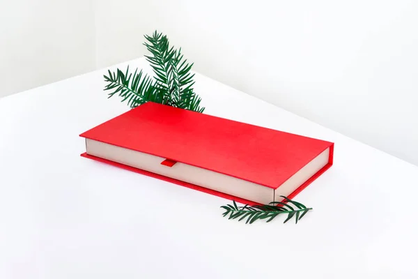 Κόκκινο Χριστουγεννιάτικο Κουτί Για Δώρα Και Δωροκάρτες Φύλλα Πεύκου Λευκό — Φωτογραφία Αρχείου