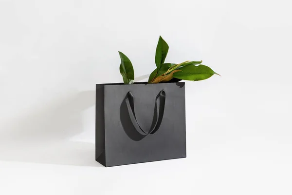 マグノリアの葉を持つグレーの高級紙袋 — ストック写真