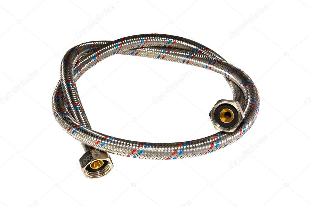 silver flexible water hose on white background