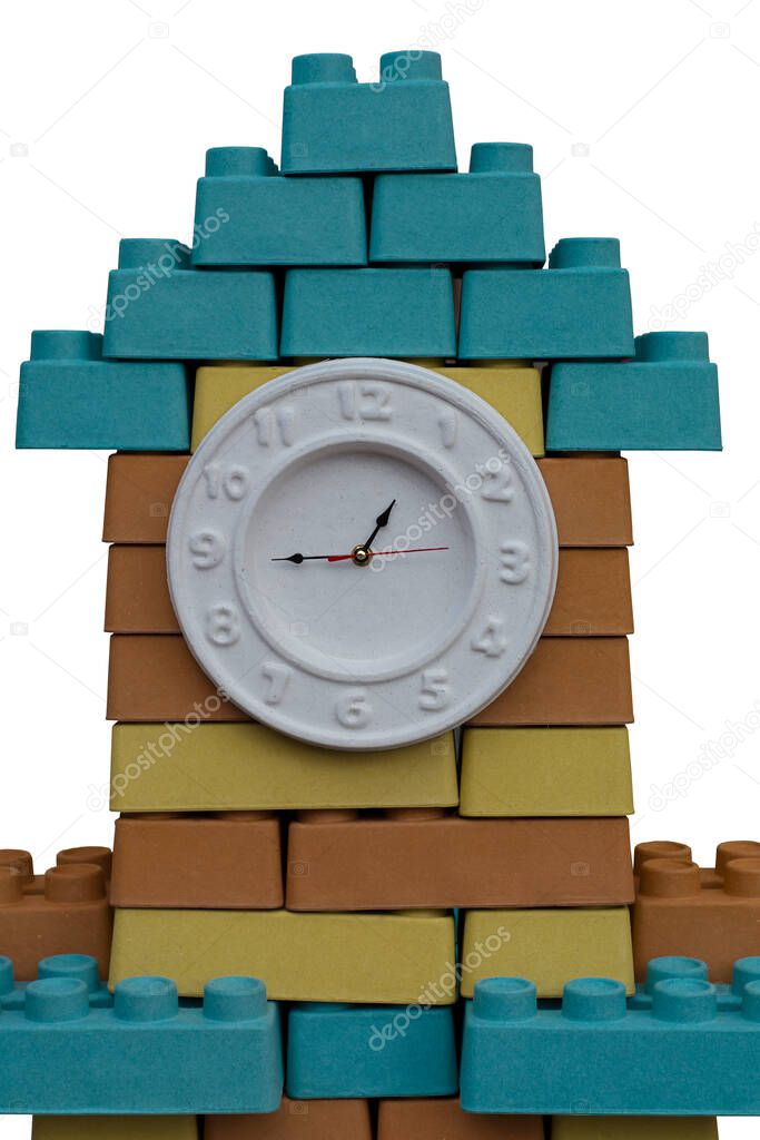brick tower with a clock on a white background