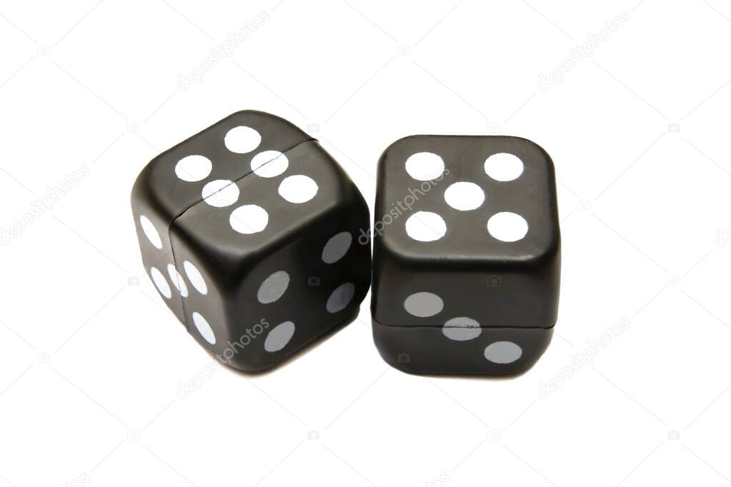 old black dice for board games on white background
