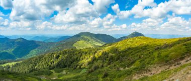 Karpatlar 'daki dağ manzarası, Marmarosh Sıradağları. Yaz zamanı, yeşil tepelerin üzerinde yüzen güzel kümülüs bulutları.