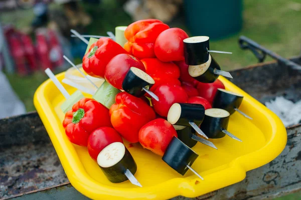 Espetos vegan frescos vermelhos em uma chapa — Fotografia de Stock