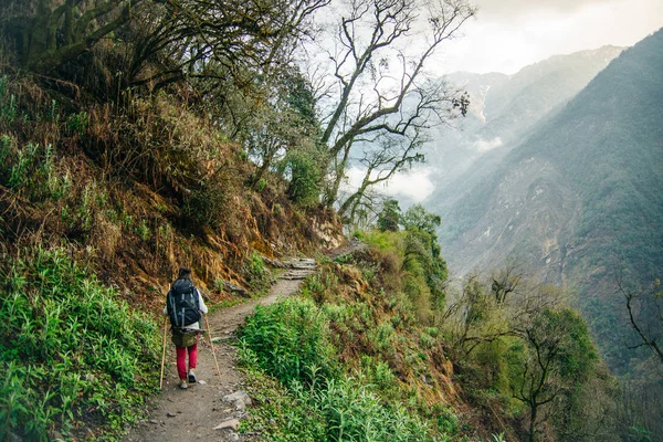 Escursioni in Himalaya. Donna viaggiatrice in montagna — Foto Stock