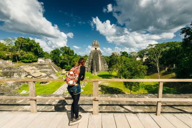 TIKAL, GUATEMALA AUGUST tourist is looking at located in El Peten department, Tikal National Park. clipart