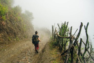 Sırt çantalı kız sisli arazide dolambaçlı yolda yürüyor. nepal