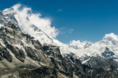 Himalaya zirveleri, güneşli bir günde Everest bölgesindeki mavi gökyüzü arka planında Nepal, Himalayalar