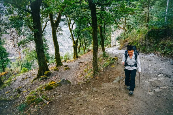 Escursioni in Himalaya. Donna viaggiatrice in montagna — Foto Stock