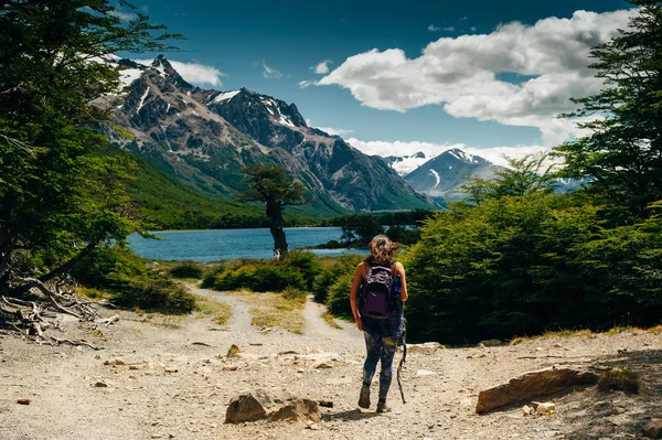 位于阿根廷菲茨罗伊山脉背景下的游客 — 图库照片