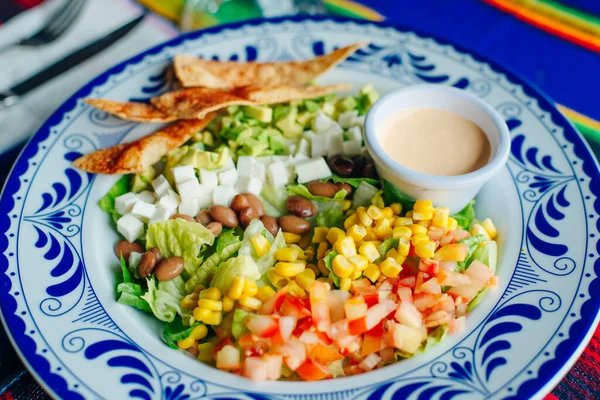 Salada Mexicana Com Milho Pimenta Batatas Fritas Queijo Abacate Molho — Fotografia de Stock