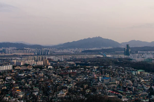 Vista Aérea Panorámica Ángulo Alto Del Centro Ciudad Seúl Montaña —  Fotos de Stock