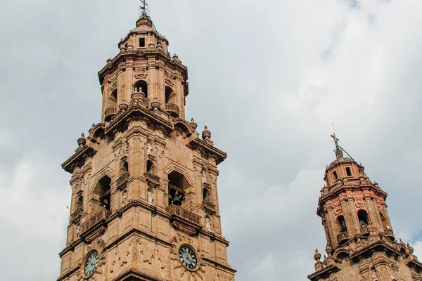 Catedral Morelia Costruzione Dell Edificio Della Chiesa Pietra Rosa Locale — Foto Stock