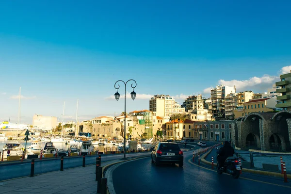Kreta Heraklion Grecja Port Port Port Łodzie Panoramiczny Widok Zmierzch — Zdjęcie stockowe